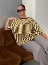 Settle Down Short Sleeve Top Yellow / Brown Stripe Curve