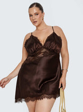 Raines Asymmetrical Lace Mini Dress Brown Curve