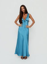 Damelia Tie Detail Lace Trim Maxi Dress Blue