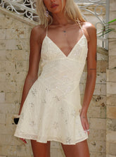 Odelinda Patchwork V Neck Mini Dress Cream Sequin