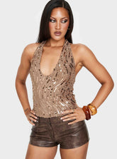 Slone Sequin Halter Top Gold Shimmer