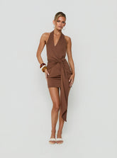 Amiamora Plunge Halter Scarf Mini Dress Brown