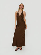 Adamaria Plunge Halter Lace Trim Maxi Dress Chocolate