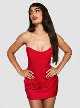 Delmina Strapless Drop Waist Satin Mini Dress Red