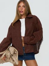 Goldsmith Faux Suede Tassel Bomber Jacket Chocolate