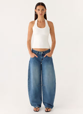 Stevie Low Rise Barrel Leg Denim Jeans - Mid Wash Blue