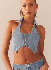 Backstage Pass Denim Vest top - Subdued Blue