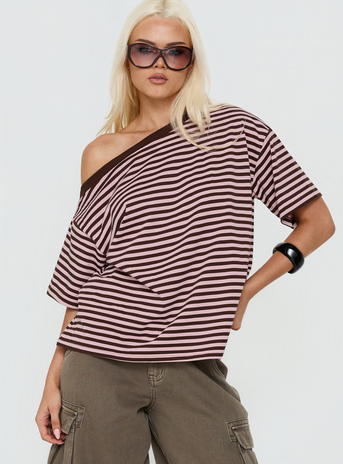 Settle Down One Shoulder Top Pink / Chocolate Stripe