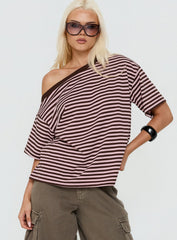 Settle Down One Shoulder Top Pink / Chocolate Stripe