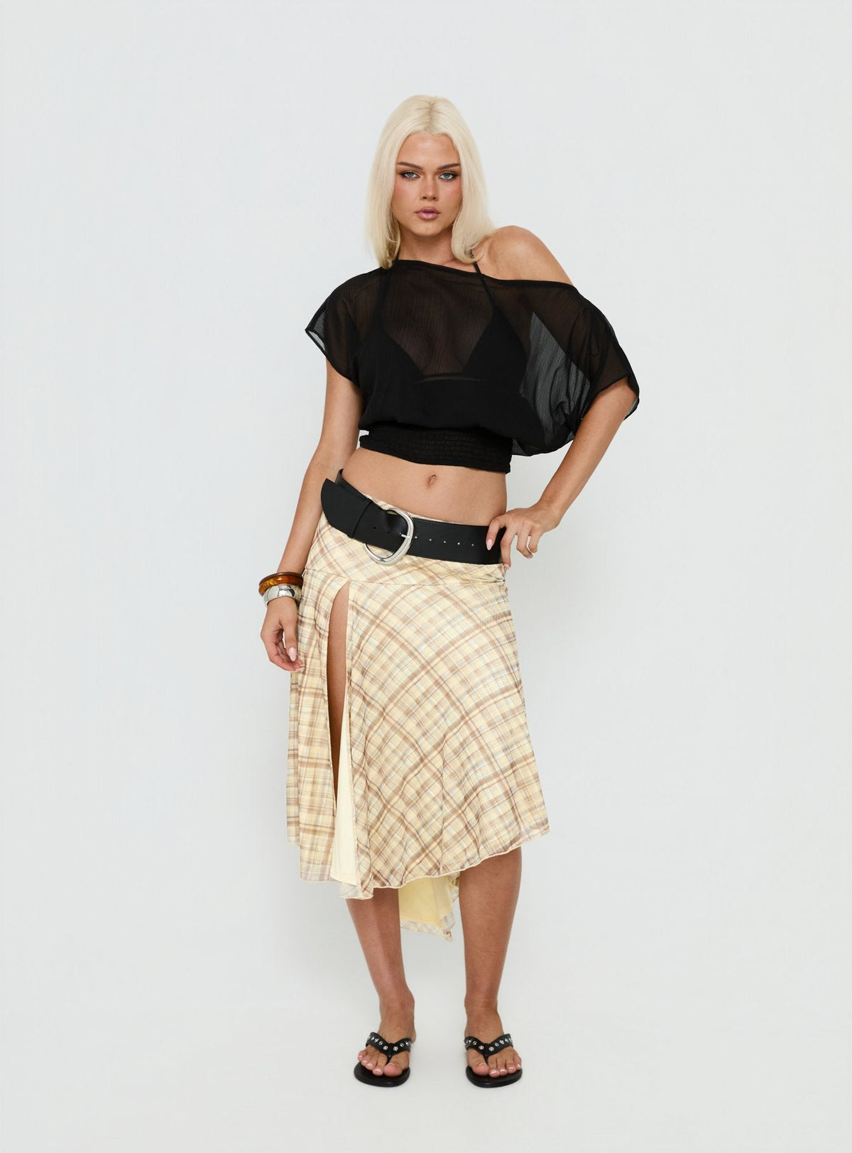Dulciana High Split Asymmetrical Midi Skirt Multi Check