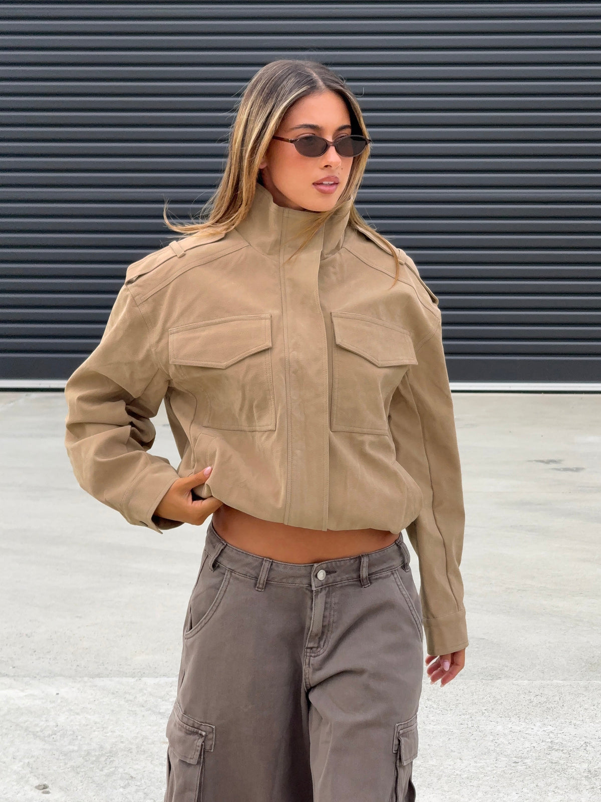 Double Life Funnel Neck Cargo Jacket Beige Petite