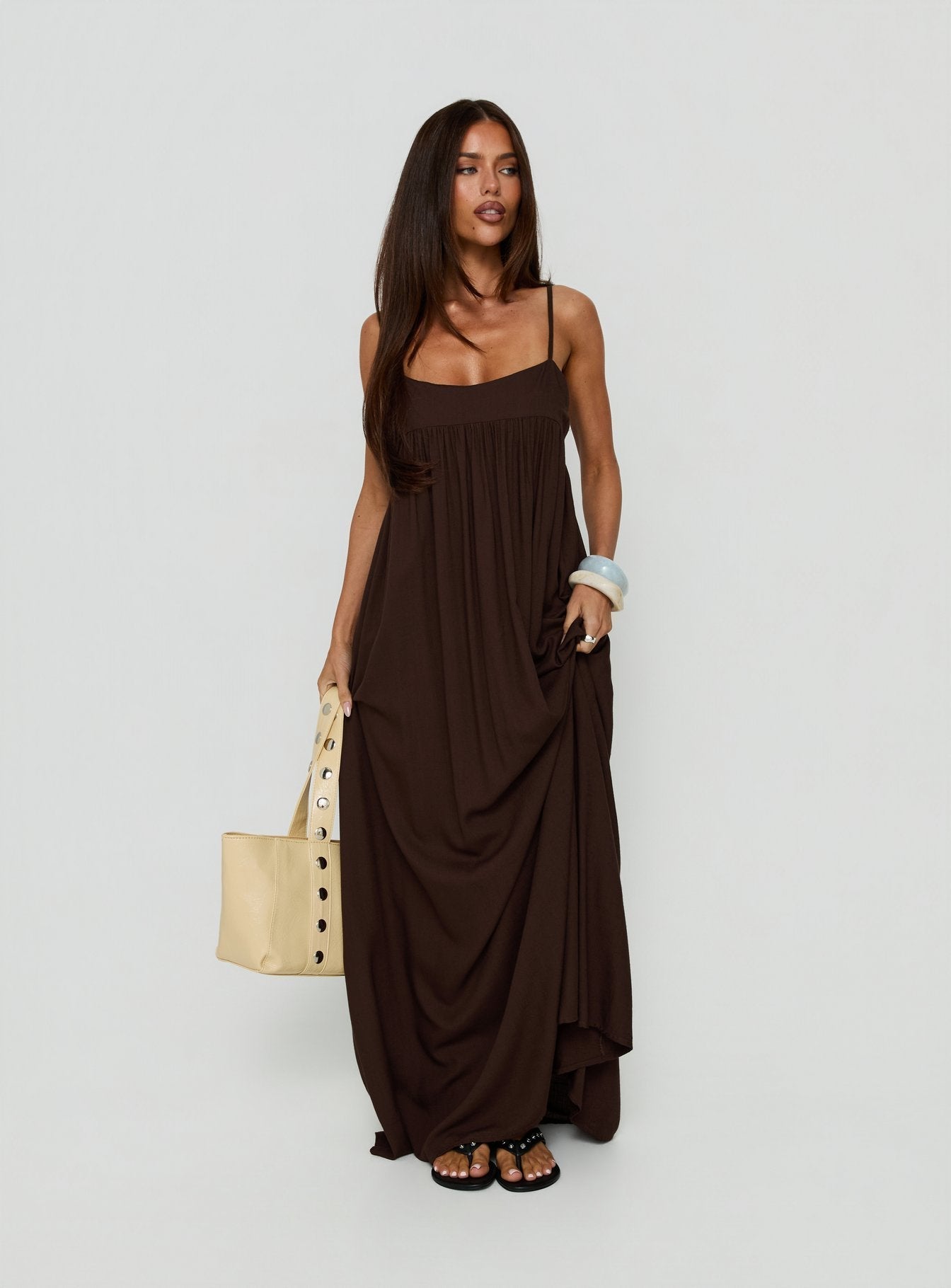 Wildah Linen Smock Maxi Dress Brown