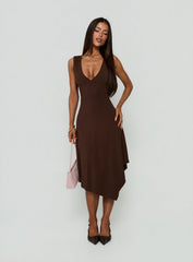 Louisia V Neck Hanky Hem Midi Dress Brown