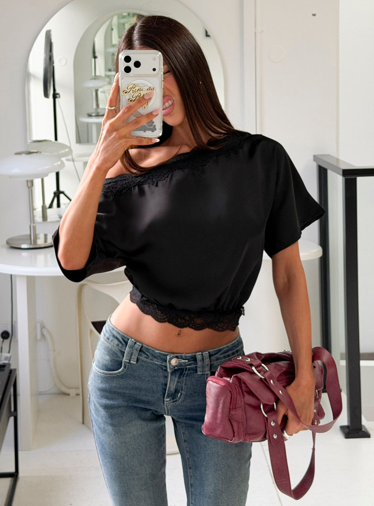 Full Send Off Shoulder Lace Trim Top Black