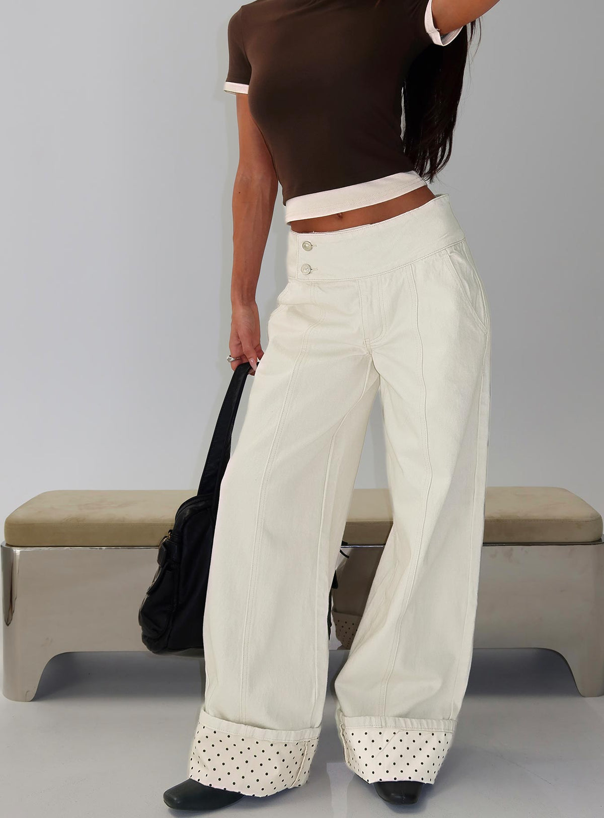 Nikoletta Foldover Jeans Cream / Polka