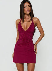 Kearney Ruched Tie Neck Mini Dress Wine