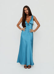Damelia Tie Detail Lace Trim Maxi Dress Blue