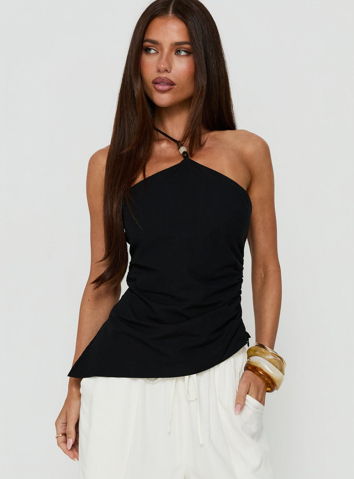 Deia Bead Detail Arrowneck Top Black