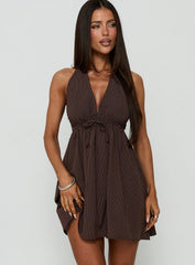 Ellisan Halter Scoop Back Mini Dress Chocolate Stripe