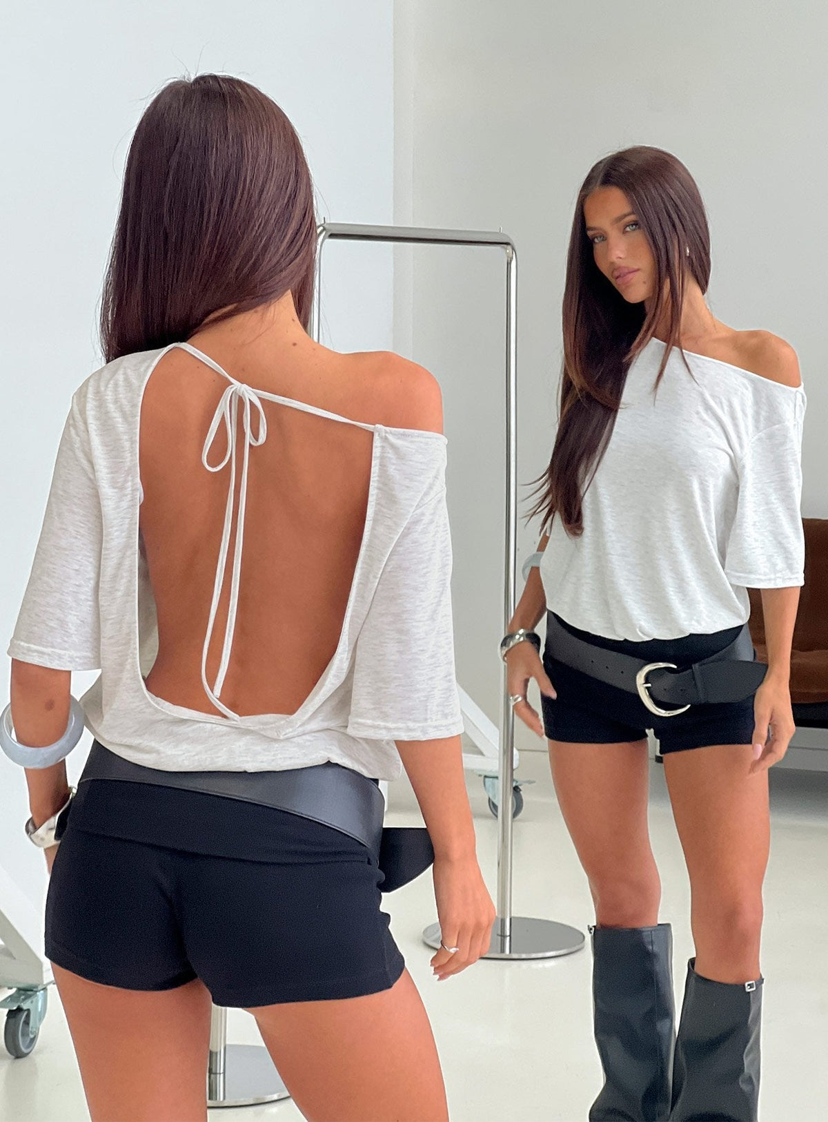 Romma Backless Slouchy Short Sleeve Top Grey Marle