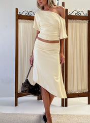 Sezzia Ruched Asymmetrical Midi Skirt Beige