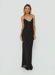 Alasia Lace Trim V Neck Maxi Dress Black Floral