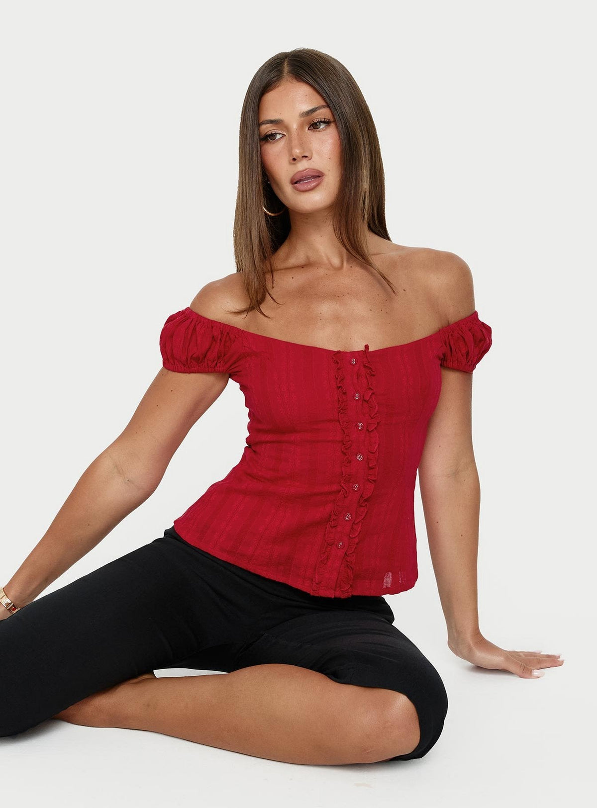 Gysella Off Shoulder Woven Top Red