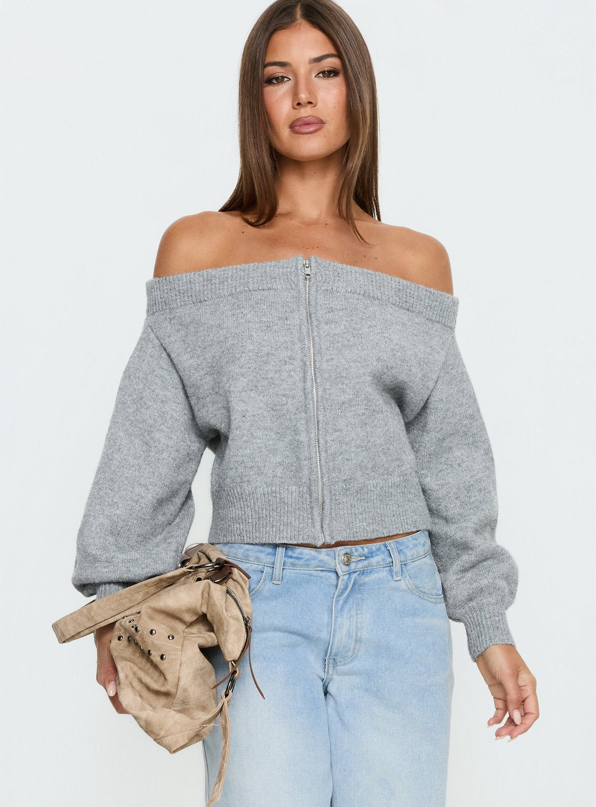 Ortensa Off Shoulder Zip Through Jumper Grey Marle