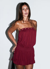 Lenika Eyelet Strapless Mini Dress Burgundy