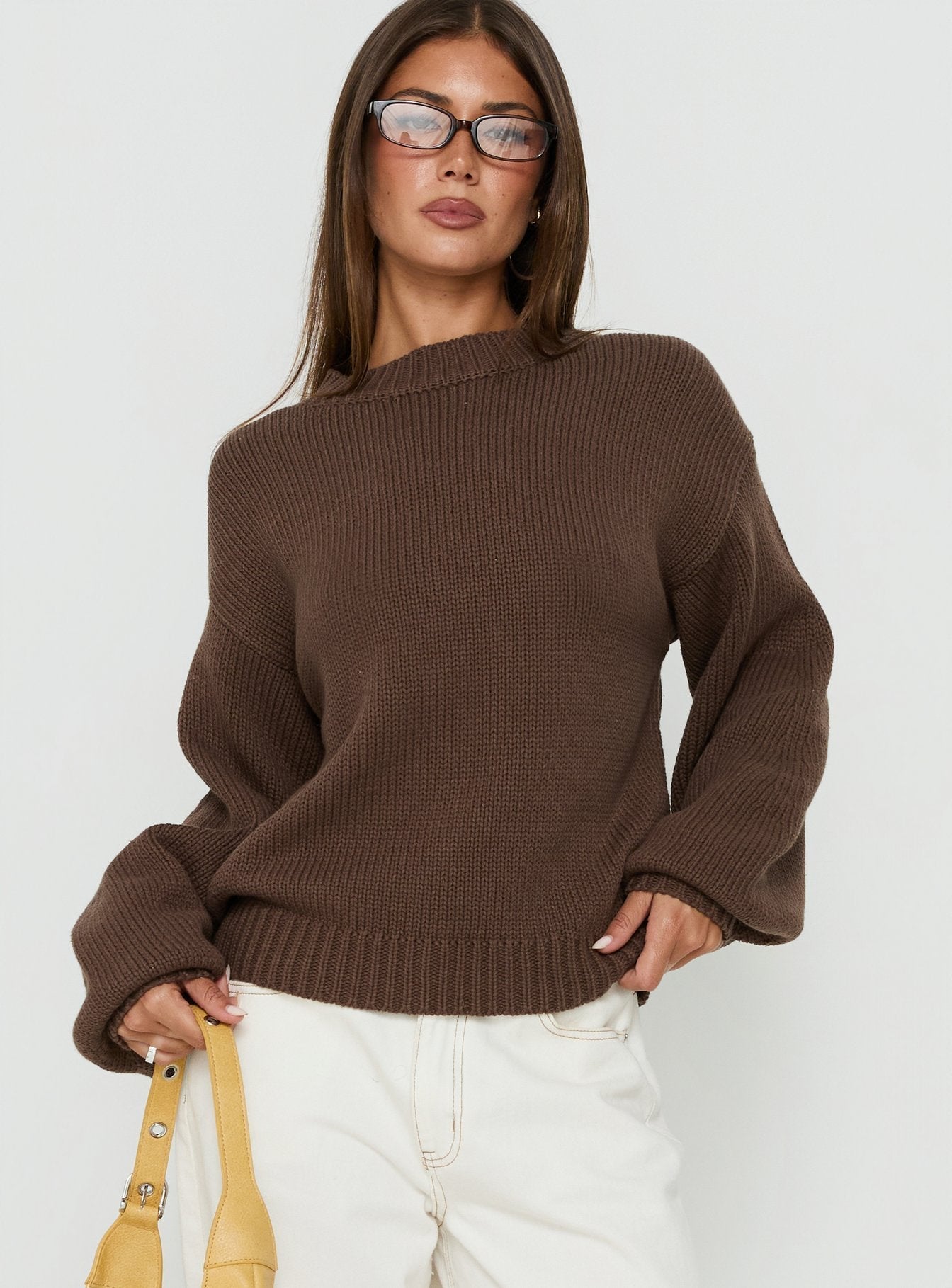 Harmony Balloon Sleeve Knit Sweater Dark Brown