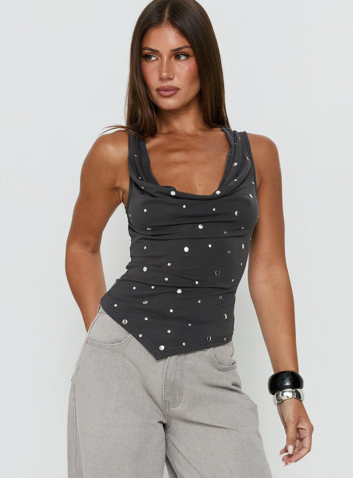 Quiet Confidence Studded Cowl Neck Top Grey