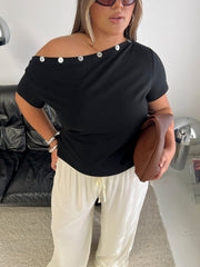 Dalten Off Shoulder Button Detail Top Black Curve