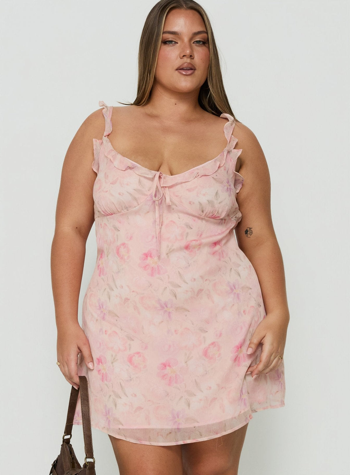 Dewdrops Chiffon Frill Mini Dress Pink Floral Curve