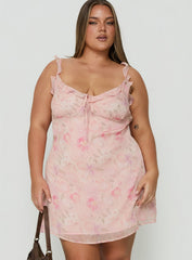 Dewdrops Chiffon Frill Mini Dress Pink Floral Curve
