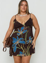Isakaia Beaded Mini Dress Brown Floral Curve