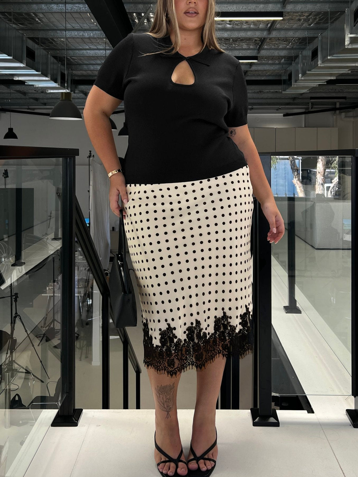 Downtown Scene Lace Trim Maxi Skirt Cream Polka Curve