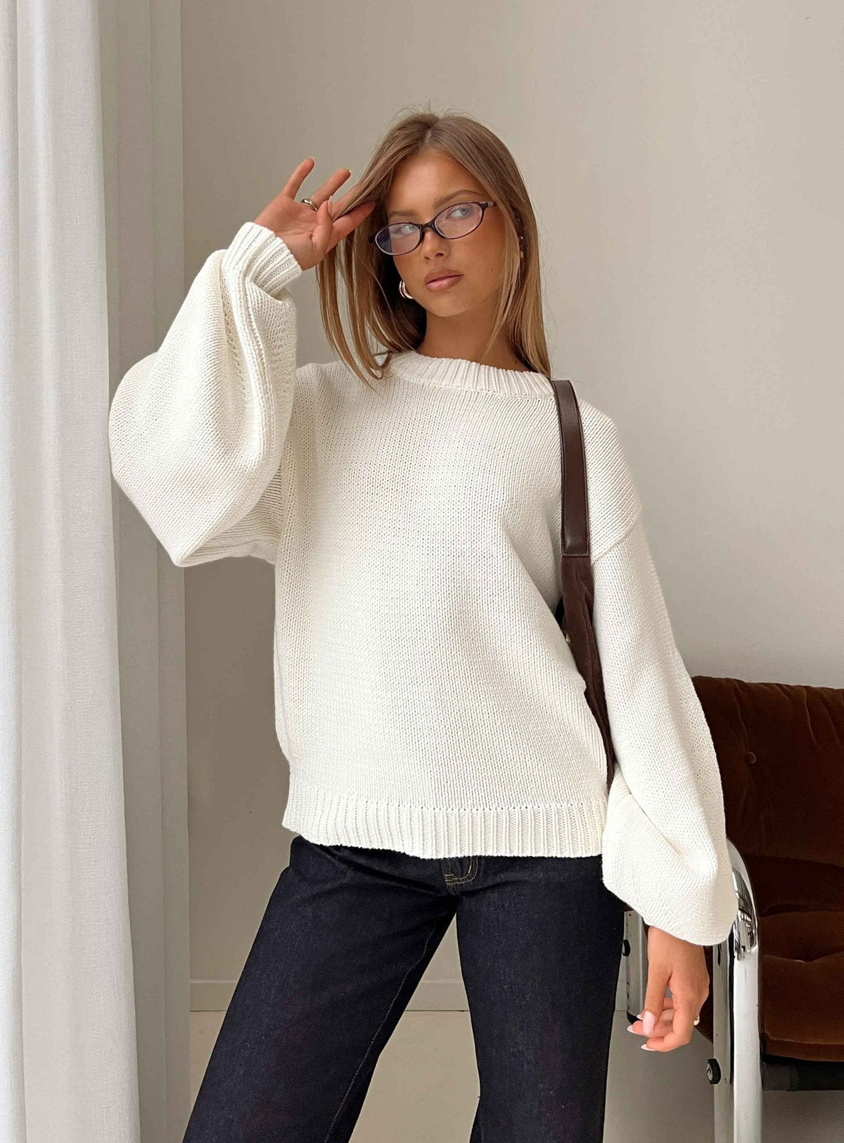 Harmony Balloon Sleeve Knit Sweater White