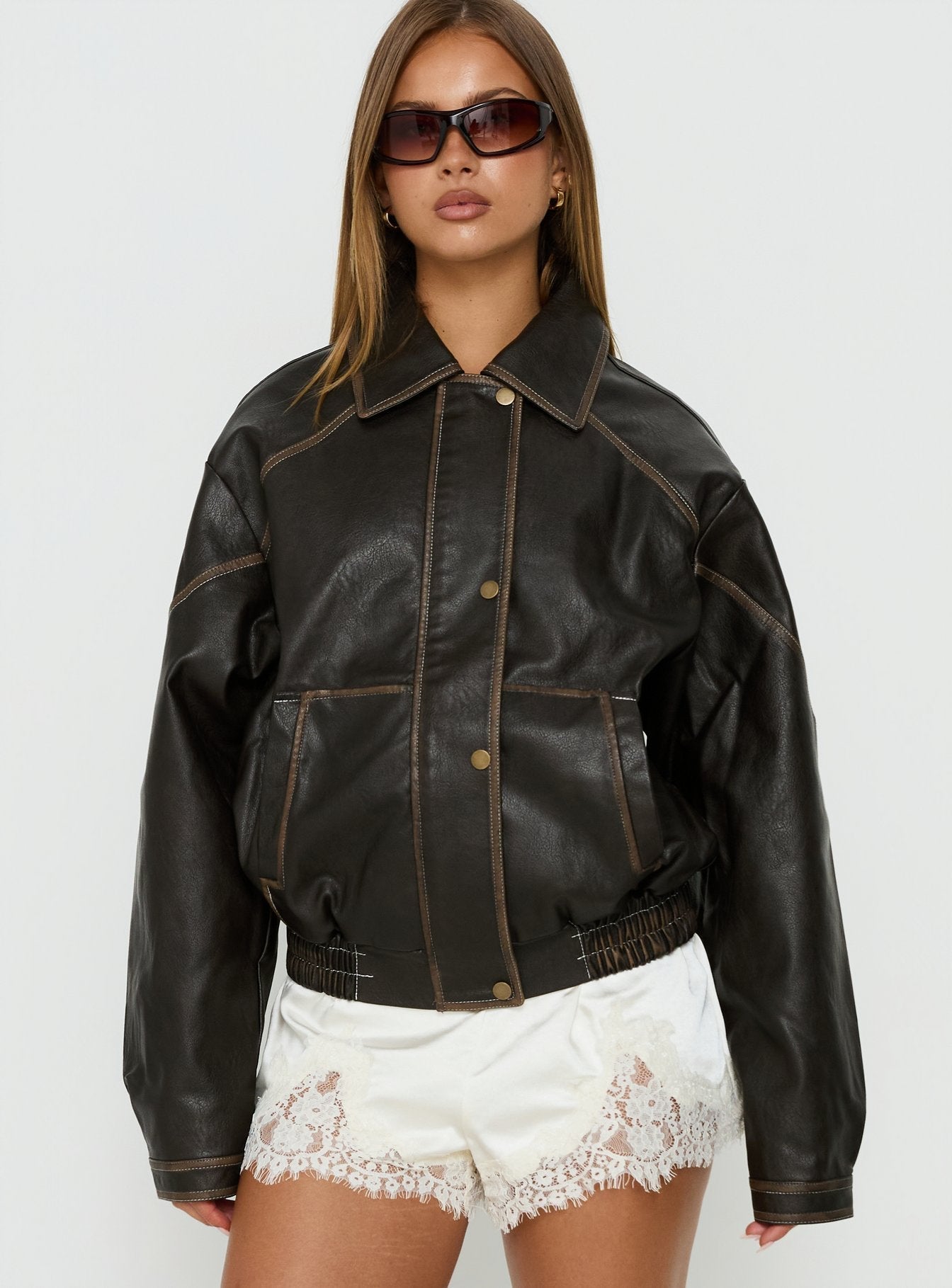 Jaxton Faux Leather Jacket Brown Petite