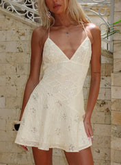 Odelinda Patchwork V Neck Mini Dress Cream Sequin