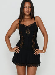 Rhiara Lace Trim Frill Mini Dress Black