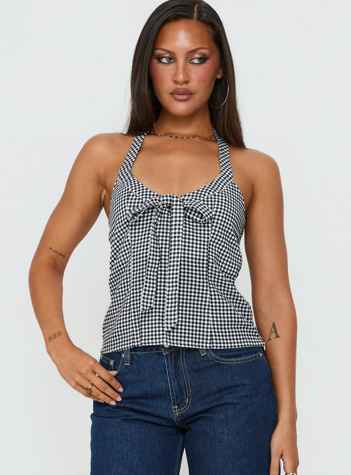 Puzzle Pieces Tie Detail Halter Top Black / White Gingham