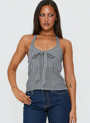 Puzzle Pieces Tie Detail Halter Top Black / White Gingham