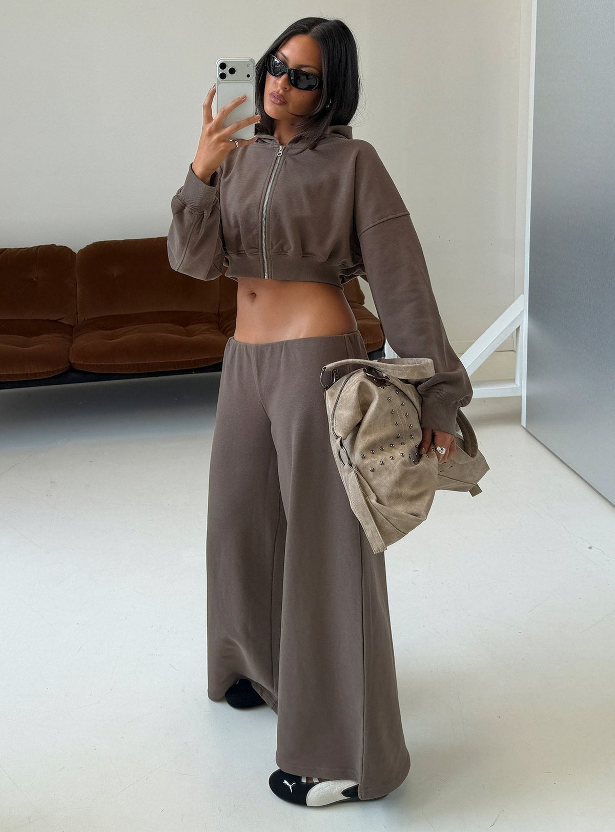 Kaeya Fleece Wide Leg Low Rise Pants Grey