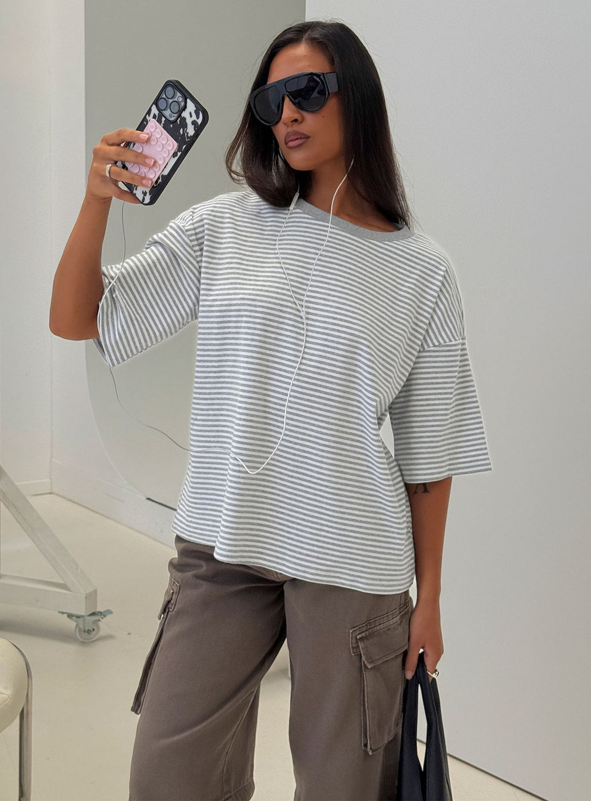 Settle Down Short Sleeve Top Grey / White Stripe