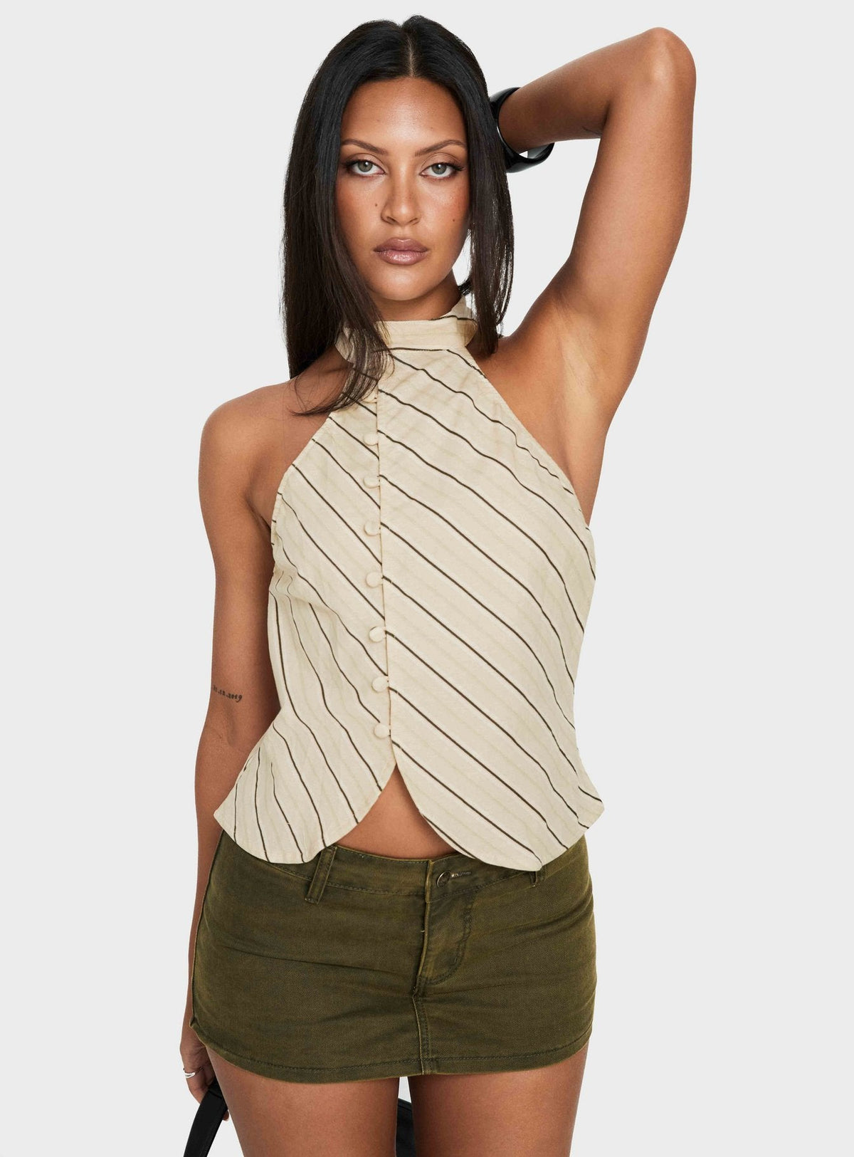 Iggya Button Detail High Neck Top Beige Stripe