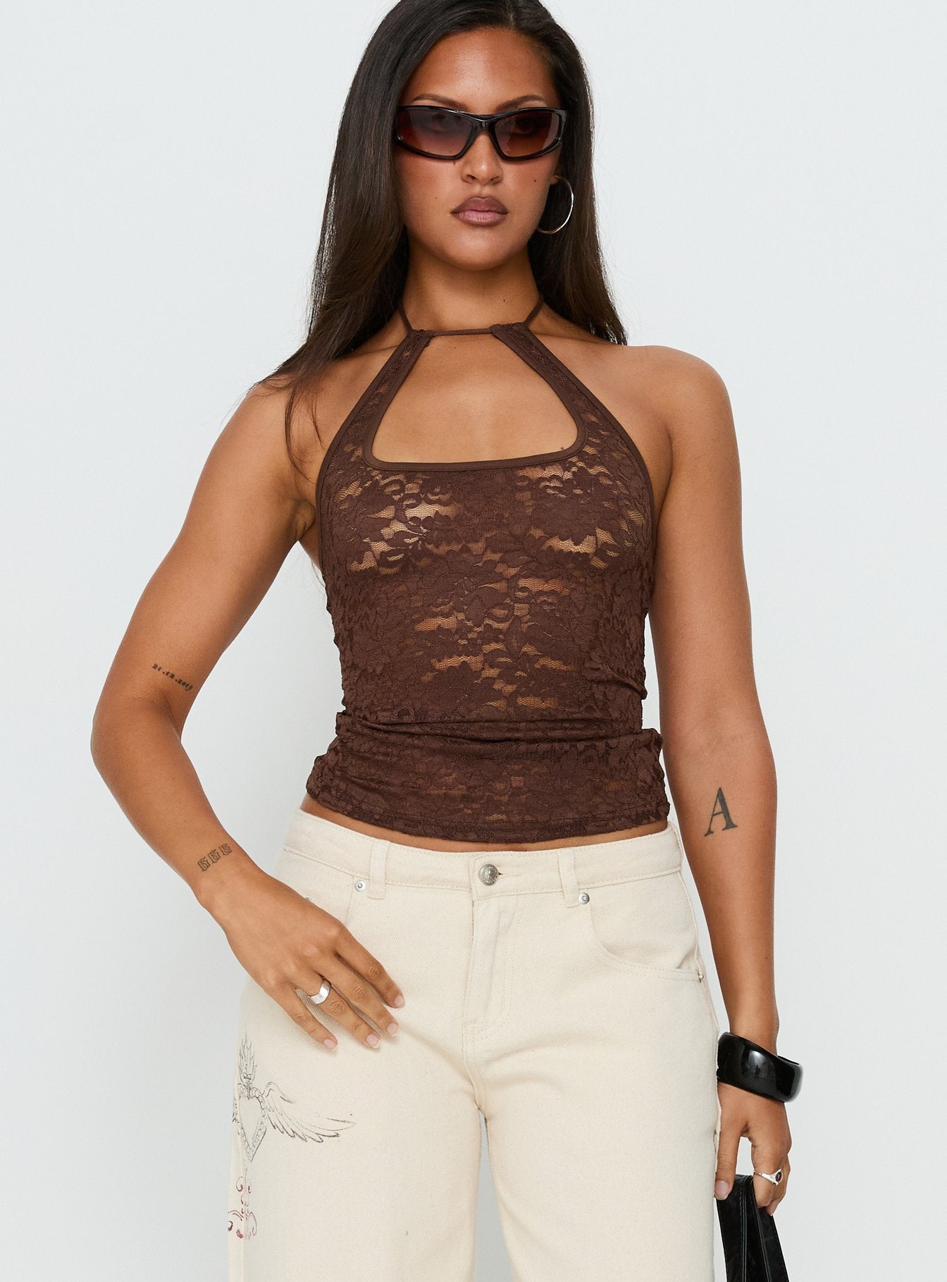 Janais Lace Tie Neck Top Chocolate