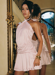 Sparkler Arrowneck Ruched Satin Mini Dress Pink