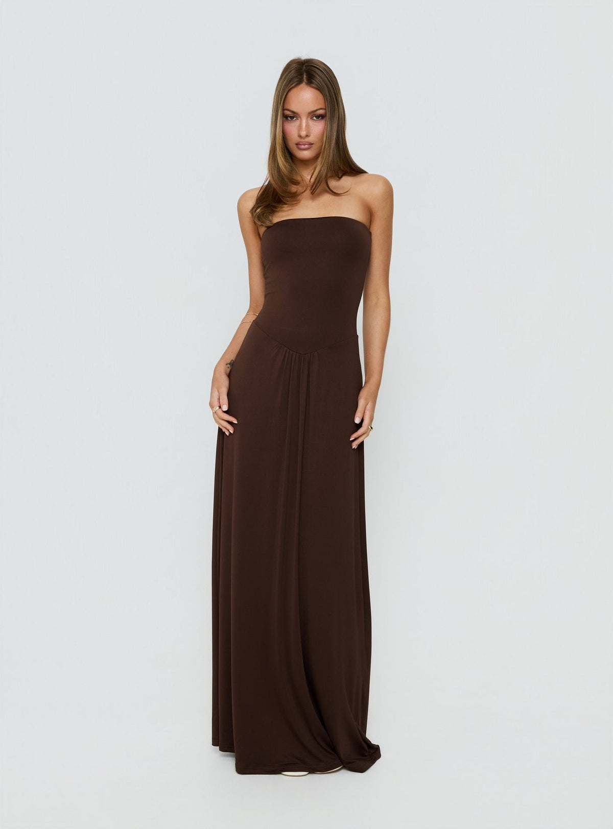 Ophal Strapless Drop Waist Maxi Dress Brown
