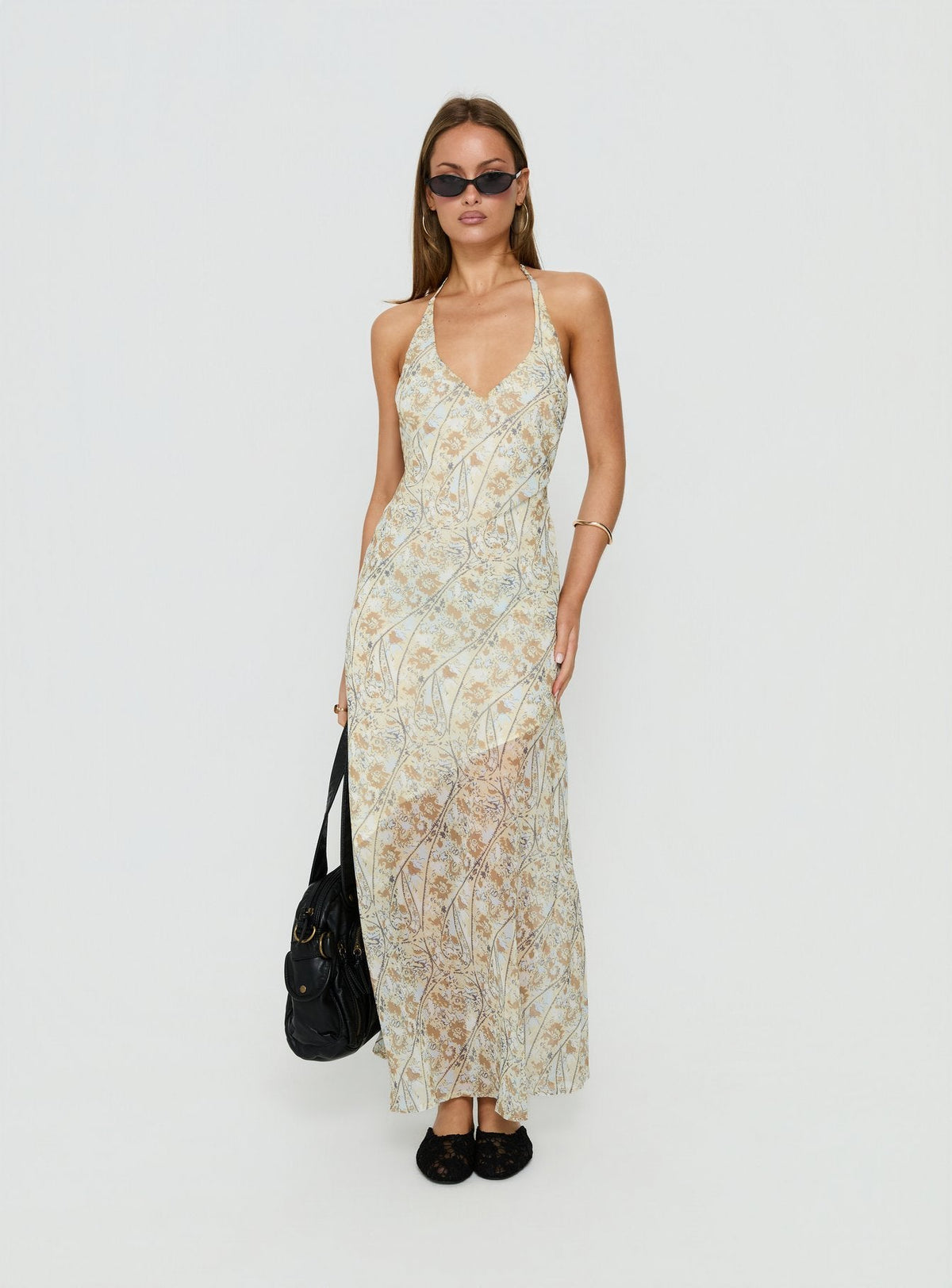Noemi Halter Low Back Maxi Dress Cream Paisley