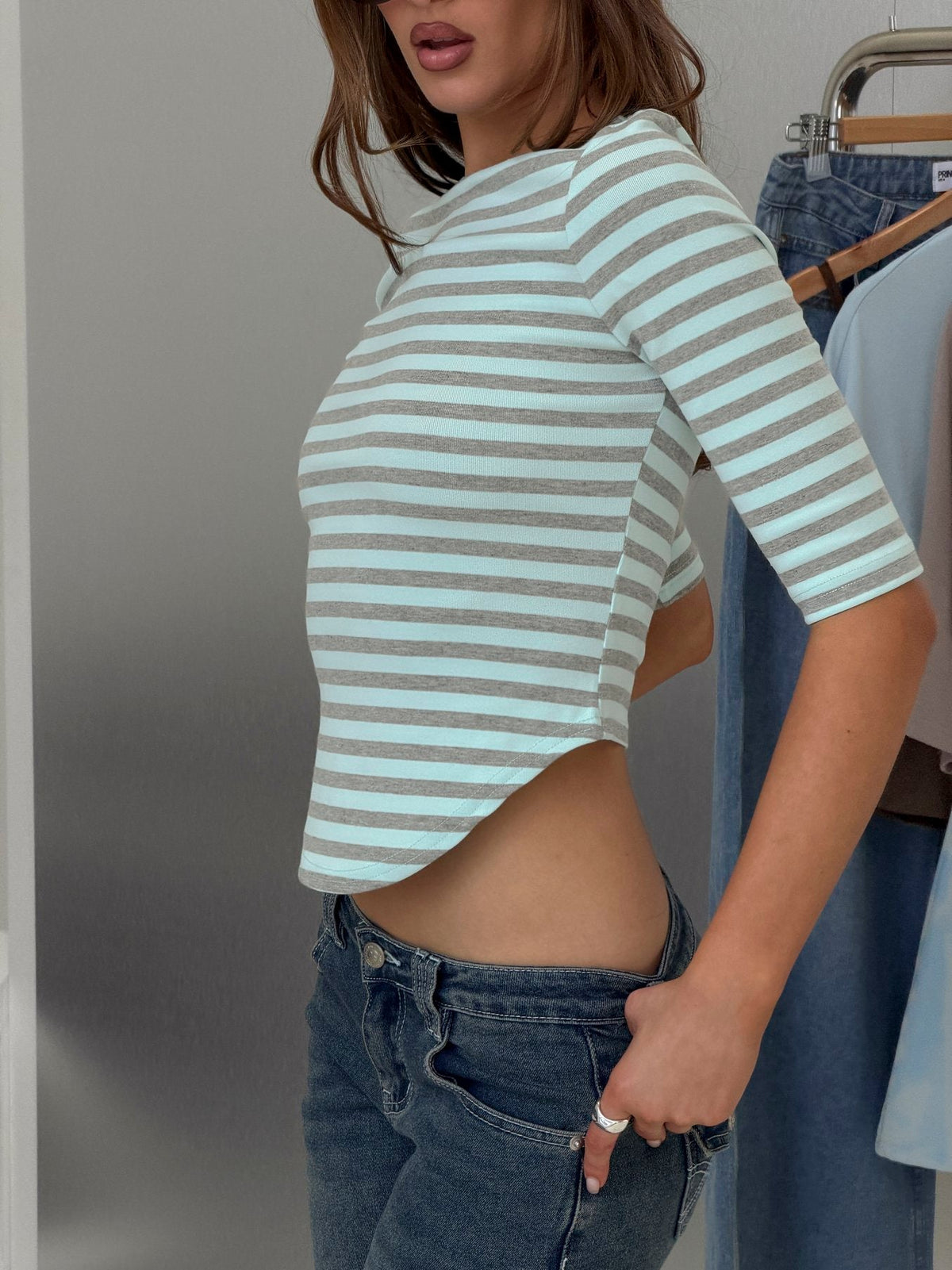 Cecielea Scooped Hem 3/4 Sleeve Top Blue / Grey Stripe